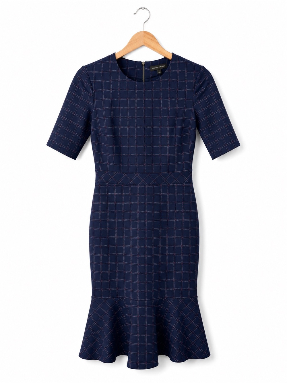 Banana Republic Navy Windowpane Plaid Peplum Midi Dress Career Office Chic SZ 4